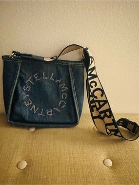 Stella McCartney Dark Blue Denim Logo Crossbody Bag with Branded Strap